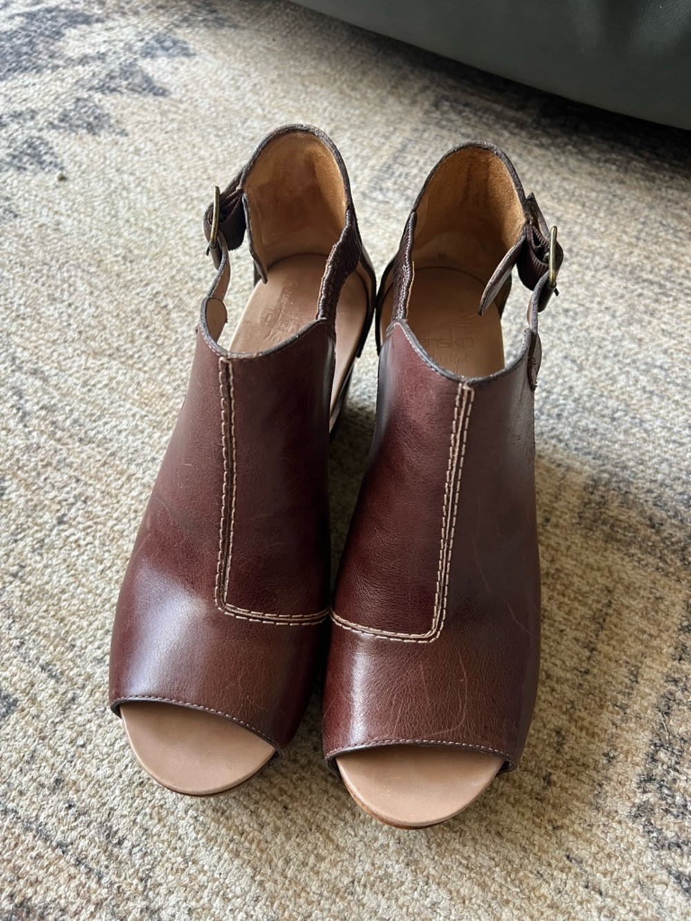 Dansko Women's Brown Leather Open-Toe Slingback Wood Wedge Heels sz 40